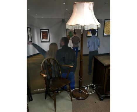 MAHOGANY STANDARD LAMP, with shade, along with a mahogany open elbow chair (2)
