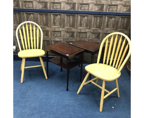 WICKER CHAIR, along with two occasional tables and two stick back chairs (5)