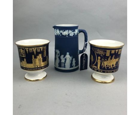 PAIR OF COALPORT CERAMIC URNS, with blue and gilt decoration, 12cm high, along with other ceramics, including Wedgwood and St