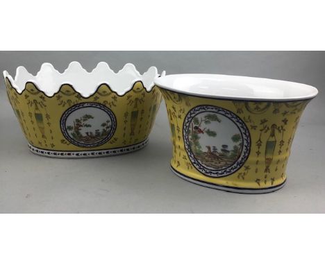 20TH CENTURY CERAMIC PLANTER, 16cm high, with floral, bird and fox decoration, along with a matching smaller planter and anot
