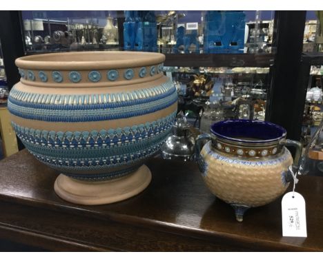 DOULTON SILICON WARE PLANTER, of large proportions, decorative with continuous bands of roundels, fan shapes and other symbol