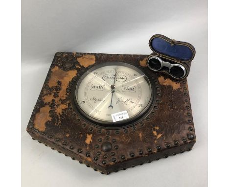 20TH CENTURY WALL BAROMETER, with leather and button detail, along with a pair of N.J Redding &amp; Co binoculars (2)