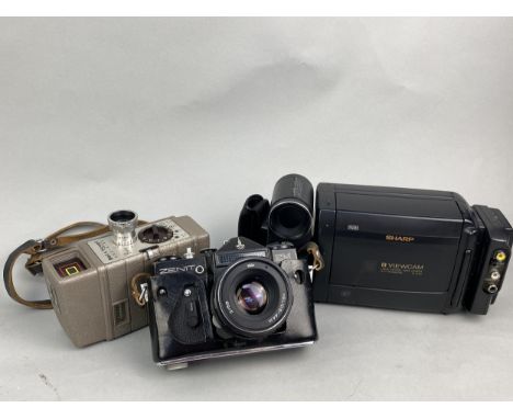 ZENIT EM VINTAGE CAMERA, with carry case, along with a Hitachi video camera/recorder, a Sharp Viewcam and a Bell &amp; Howell