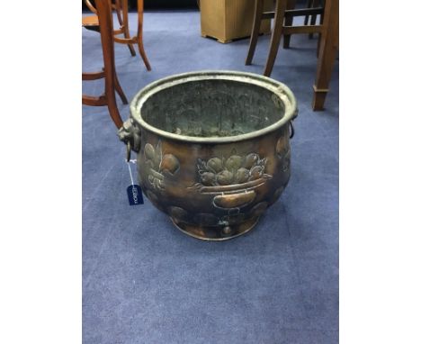 VICTORIAN COPPER LACQUERED PLANTER, of large proportions, embossed with scrolling leaf designs, fleur-de-lys, a coat of arms 