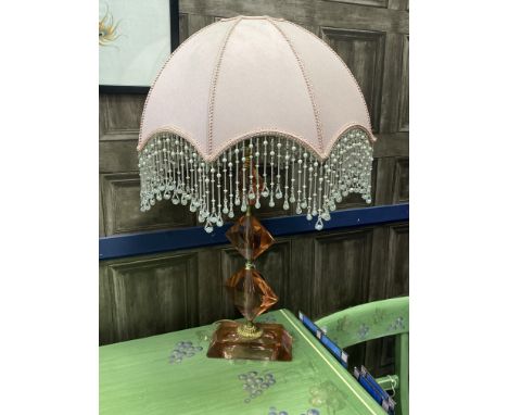 ART DECO STYLE TABLE LAMP, with pink tassled shade, along with a set of four leaded glass mirrors (5)