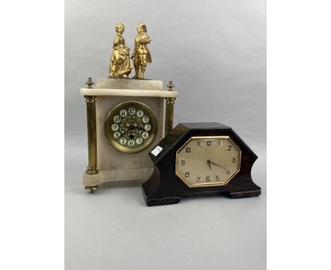 EARLY 20TH CENTURY ALABASTER MANTEL CLOCK, the round gilt dial with Arabic numerals, mounted with figures of a gentleman and 