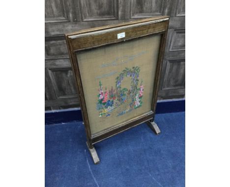 FIRESCREEN, with embroidered panel, 53cm wide, along with an oval dressing mirror, milking stool, oval wall mirror and a trip