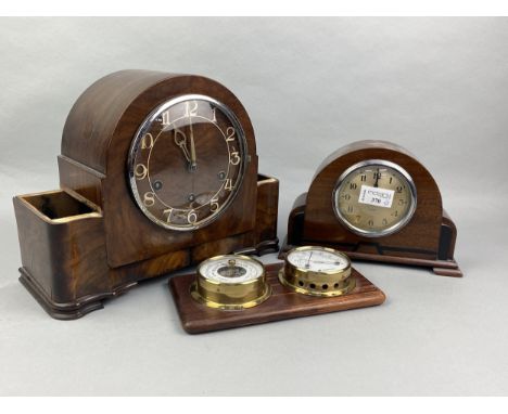MAHOGANY CASED MANTEL CLOCK, along with another mantel clock and a wall barometer (3)