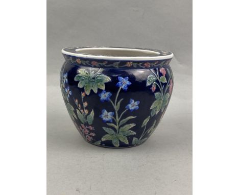 20TH CENTURY CHINESE PLANTER, with floral decoration, 17cm diameter, 14cm high, along with a Wedgwood blue and white bowl, a 