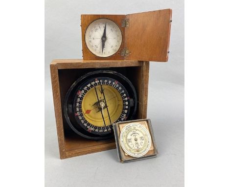 20TH CENTURY SHIPS COMPASS, along with an aneroid reading gauge, a Miles Suprex pedometer, another compass and a barometer (5