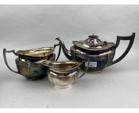 SILVER PLATED THREE PIECE TEA SERVICE, along with other silver plated items including trays, dish and a tea pot