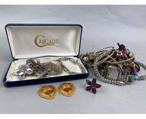 COLLECTION OF COSTUME JEWELLERY, including bracelets, necklaces, pocket watch, carved wood trinket box and others