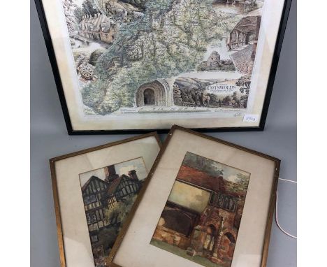 PAIR OF WATERCOLOURS DEPICTING ARCHITECTURAL SCENES, each mounted, framed and under glass, along with a print, depicting a ma