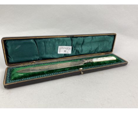 SILVER PLATED BREAD KNIFE WITH MOTHER OF PEARL HANDLE, in a fitted case, along with a set of plated spoons, afternoon tea kni