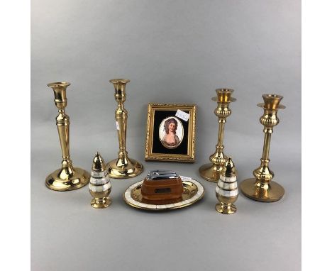PAIR OF BRASS CANDLESTICKS, 23cm high, along with another pair of brass candlesticks, salt and pepper, table lighter and a St