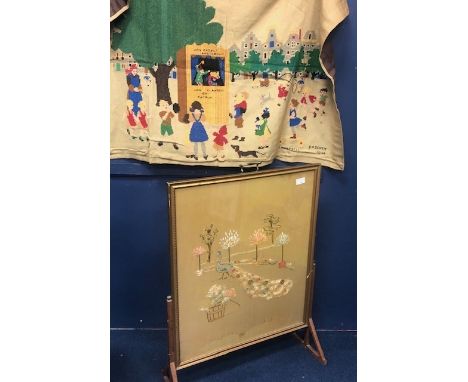 20TH CENTURY FIRESCREEN, with embroidered panel, along with a Punch &amp; Judy tapestry (2)