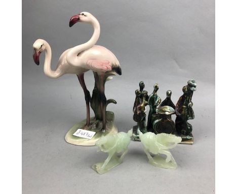 AUSTRIAN CERAMIC FIGURE OF HERONS, 22cm high, along with a resin figure of a horse, Wedgwood figure of a female, chess pieces