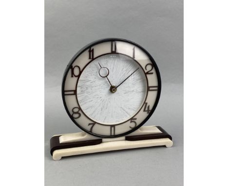 ART DECO STYLE MANTEL CLOCK, along with a pair of glass candlesticks and a pair of stained wood bookends