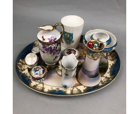 NORITAKE CERAMIC TRAY, 33cm wide, decorated with a countryside setting, along with other Noritake items, four Halcyon Days pi