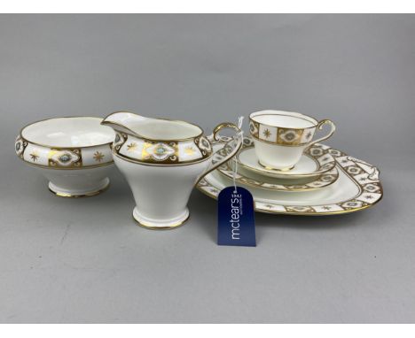 AYNSLEY 'BELMONT' PATTERN TEA SERVICE, with blue and gilt decoration, including twelve cups, fourteen saucers, eleven sidepla