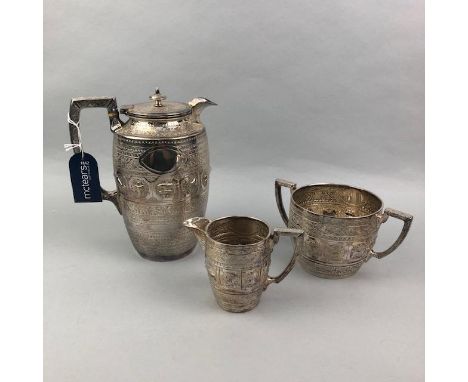 SILVER PLATED THREE PIECE TEA SERVICE, along with a silver plated tea pot
