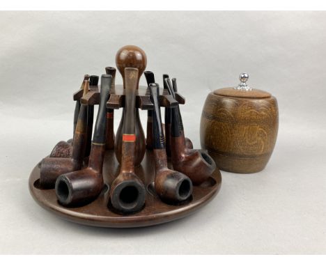 LOT OF PIPES, along with a pipe stand, a tobacco jar and a wheel barometer