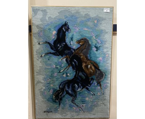 WALL HANGING TAPESTRY, depicting horses, along with four framed prints of various animals (5)