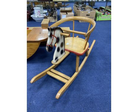 COLLECTION OF VINTAGE WOOD CHILDREN'S TOYS, including a rocking horse, Gerrards cross crane, cradle, building blocks on a tro