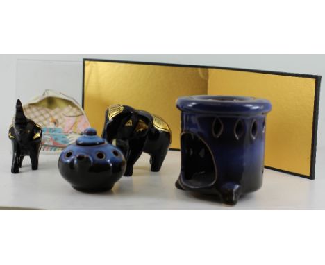 Japanese ceramic shell, miniature oil burner and 2 black indian elephants in gold markings 