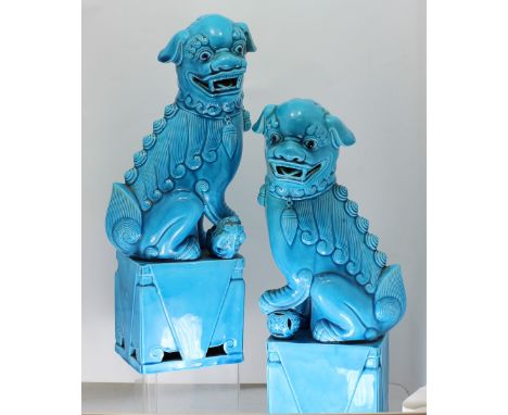 Pair of blue ceramic temple dogs 