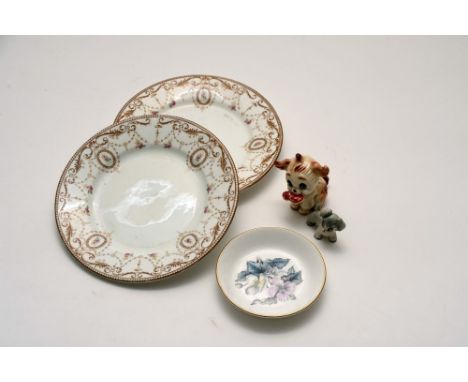 Wade porcelain grey puppy & brown puppy and a pair of shelly porcelain tea plates and a royal worcester pin dish 