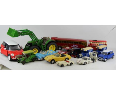14 Various Die cast model vehicles including a John Dere Tractor 