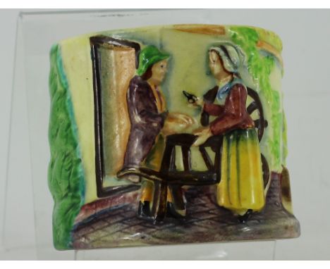 Japanese round ceramic container with country scene - man and woman with spinning wheel vintage - 1930