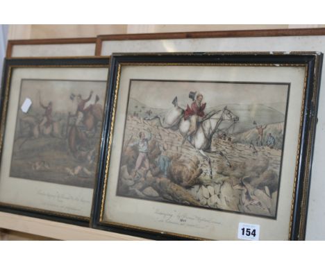 TWO 19TH.C.HAND COLOURED HUNTING PRINTS AND A PAIR OF FRENCH SPORTING PRINTS
