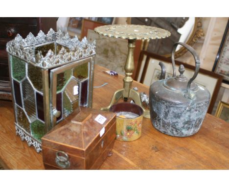 A GEORGIAN BURR WALNUT TEA CADDY, A HALL LANTERN, A TRIVET,SNOOKER BALLS,ETC