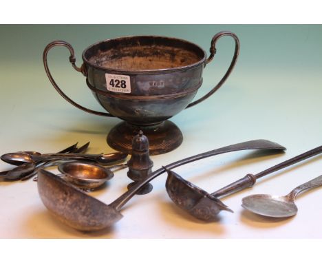 A SILVER TWO HANDLED TROPHY, SHEFFIELD 1910, 20ozs, A SILVER FIDDLE PATTERN SOUP LADLE, LONDON 1816,8ozs, A SILVER TODDY LADL