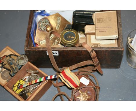 A COLLECTION OF VARIOUS MILITARY MEDALS, A MILITARY MARCHING COMPASS,ETC