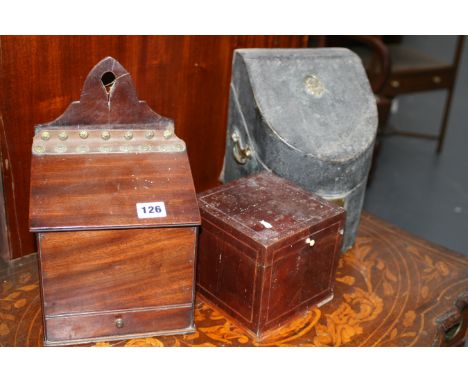 A GEO.III. MAHOGANY SALT BOX, A SHAGREEN STATIONERY BOX AND A SMALL TEA CADDY