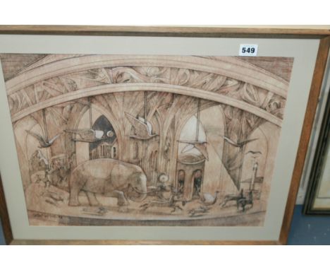 PETER NUTTALL. PEN, INK AND WASH. FAIRGROUND ROUNDABOUT TOGETHER WITH AN ETCHING