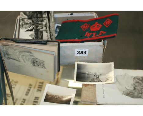 A WOMEN'S LAND ARMY ARMBAND TOGETHER WITH A VINTAGE SKETCHBOOK WITH VARIOUS DEPICTIONS OF FORTIFICATIONS, VARIOUS POSTCARDS, 