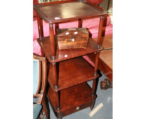 A VICTORIAN MAHOGANY FOUR TIER WHAT NOT TOGETHER WITH A ROSEWOOD TEA CADDY