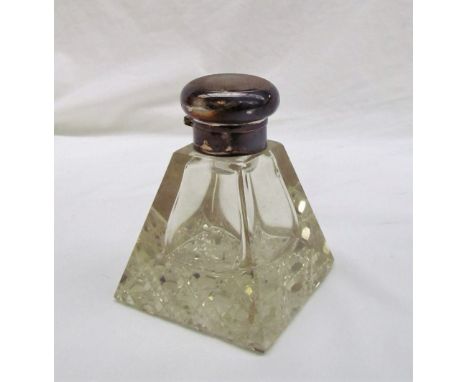 A 20th century silver topped and hobnail cut glass desk ink well, the circular top with engine turned decoration above a tape