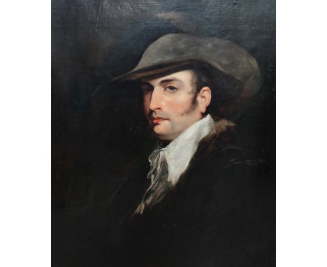 Attributed to James Northcote (1746 - 1837)Portrait of a man wearing a felt hat, and white collar, half-lengthOil on canvas74