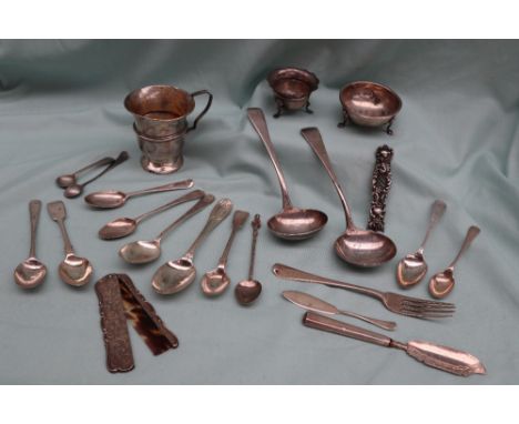 A George IV silver sauce ladle, London, 1820, together with another silver sauce ladle, silver christening mug, assorted silv