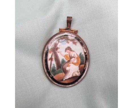 A 19th century gilt metal locket, double glazed, with a portrait miniature of a young lady and a lamb, 4 x 3cm