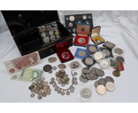 A George II silver "Lima" 1746 six pence together with a  Victorian silver crown dated 1890 together with a silver 1888 four 