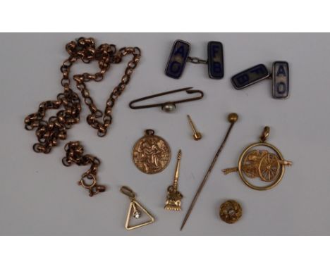 A 9ct yellow gold St Christopher, approximately 1.7 grams together with a yellow metal chain, pendants, stick pin, cufflinks 