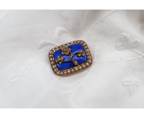 A diamond, seed pearl and blue enamel brooch, in a floral design of rectangular form, to a yellow metal setting, 26mm x 19mm,