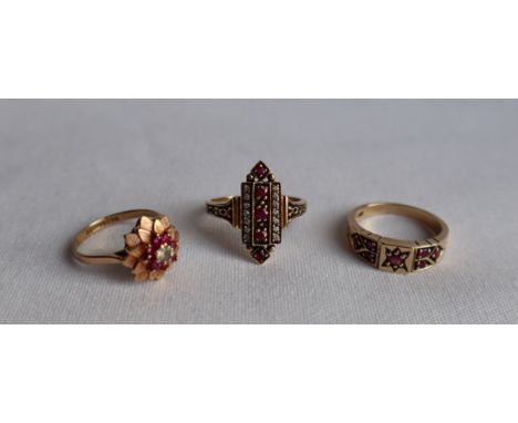 A 9ct yellow gold ruby ring, set with seven round faceted rubies, to a claw setting and shank, size M, together with a ruby a