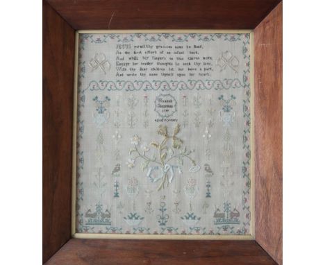 A late 18th century sampler, decorated with flower samples, the border with interlaced flowers, "Jesus permit thy gracious na